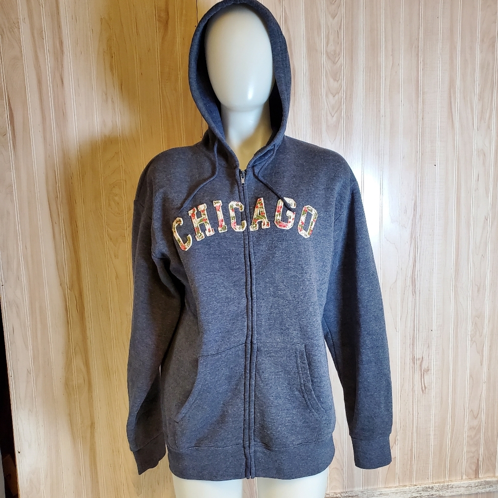 Teemax Sz M Floral Chicgo Stiched Logo Zip Up Hoodie Grey Cotton Blend Boho